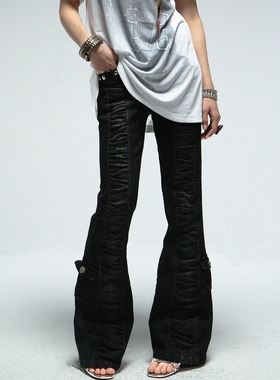 DoublePunch春夏原创新款升级中腰褶皱辣妹修身微喇叭裤牛仔长裤