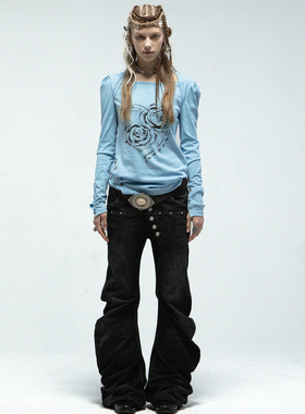 DoublePunch原创设计春夏芭蕾领型正肩泡泡袖方领印花长袖T恤