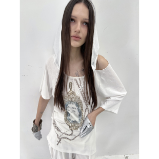 DoublePunch春夏原创蝙蝠袖 宽松多穿连帽复古宝石印花烫钻造型T恤