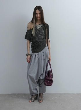 DoublePunch春夏原创复古骑士风低裆立体剪裁针织哈伦束脚长裤