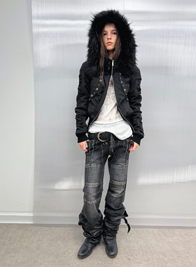 DoublePunch秋冬短款收腰派克服环保皮草内里加厚防寒毛领外套