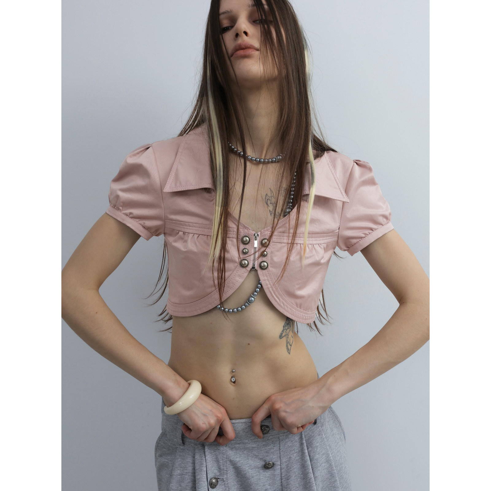 DoublePunch春夏原创v领金属扣超短款叠穿缎面光泽衬衫小外套