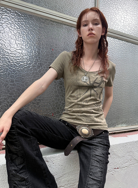 DoublePunch春夏原创合身圆领正肩基础版型西部印花烫钻T恤