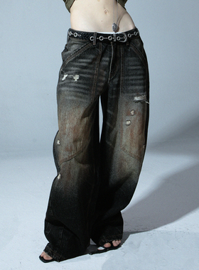 DoublePunch【8折促销】原创重工做旧泥染工艺低腰宽松弯刀牛仔裤