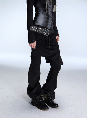 DoublePunch秋冬原创假两件弹力面料抽褶叠穿半裙弯刀裤休闲卫裤