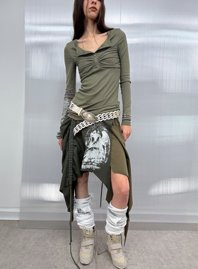 DoublePunch秋冬原创印花拼接流苏多穿法一片式裹身叠穿造型半裙