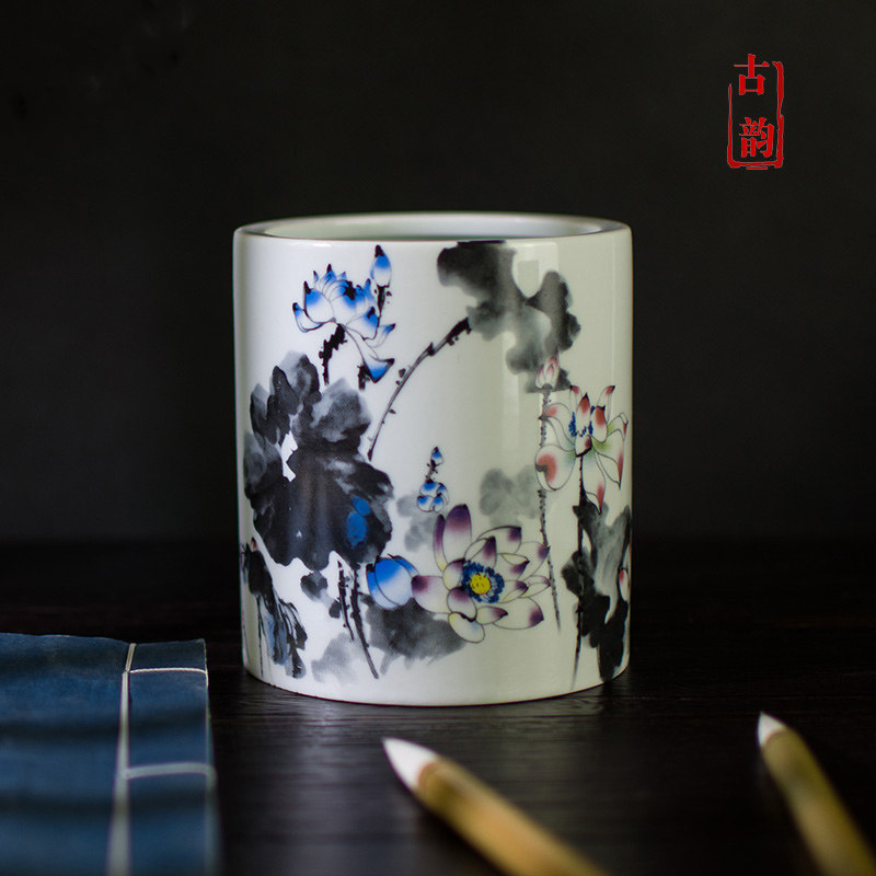 景德镇陶瓷笔筒复古创意水墨毛笔筒插笔筒办公桌文房教师节收纳筒