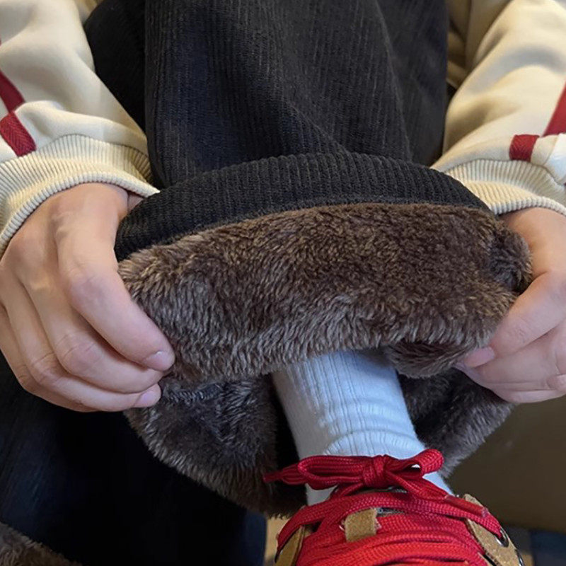 MAROLIO冬季保暖灯芯绒羊羔绒裤子男士青年加绒加厚一体绒阔腿裤