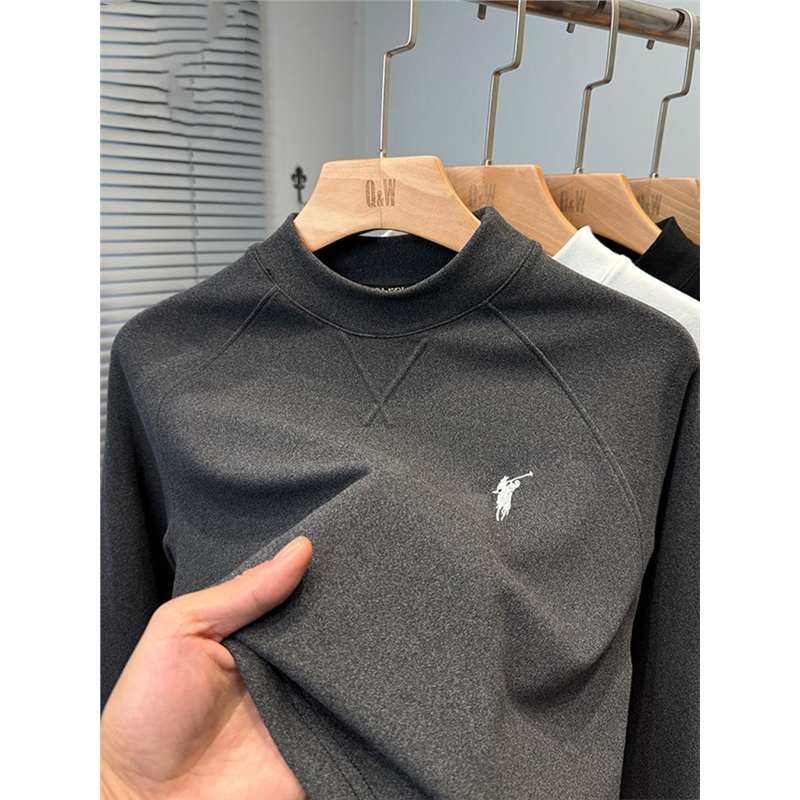 德绒打底衫男半高领秋冬季保罗刺绣长袖T恤男纯色内搭插肩袖