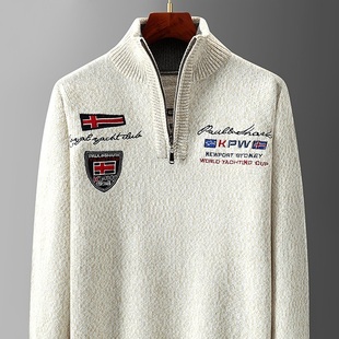 休闲百搭刺绣毛线衣 宽松大码 Mostarsea 半拉链套头立领毛衣针织衫