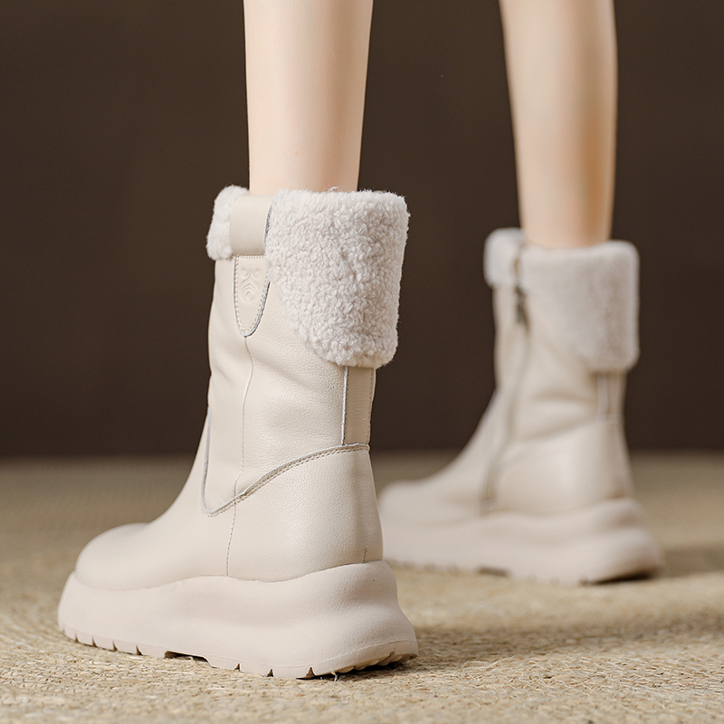 西班牙小众品牌ONGYSL头层牛皮靴子加绒加厚女鞋防水中筒雪地靴女