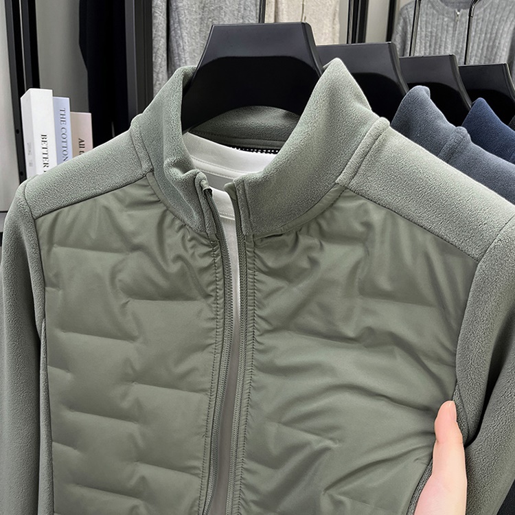 休闲立领抓绒夹克男士奥粒绒拼接轻薄款羽绒服秋冬季加绒保暖外套