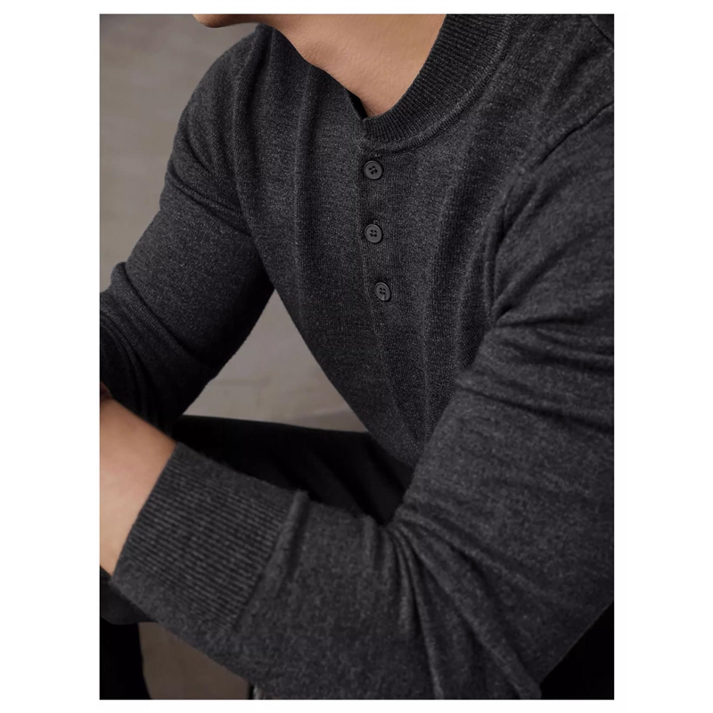 深灰色潮亨利领长袖针织衫男秋冬修身上衣罗纹底摆毛衣