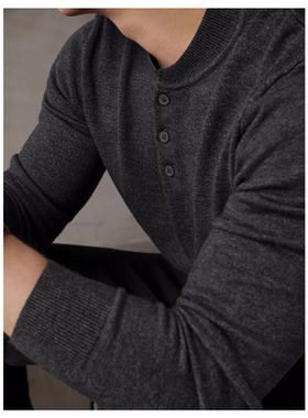 深灰色潮亨利领长袖针织衫男秋冬修身上衣罗纹底摆毛衣