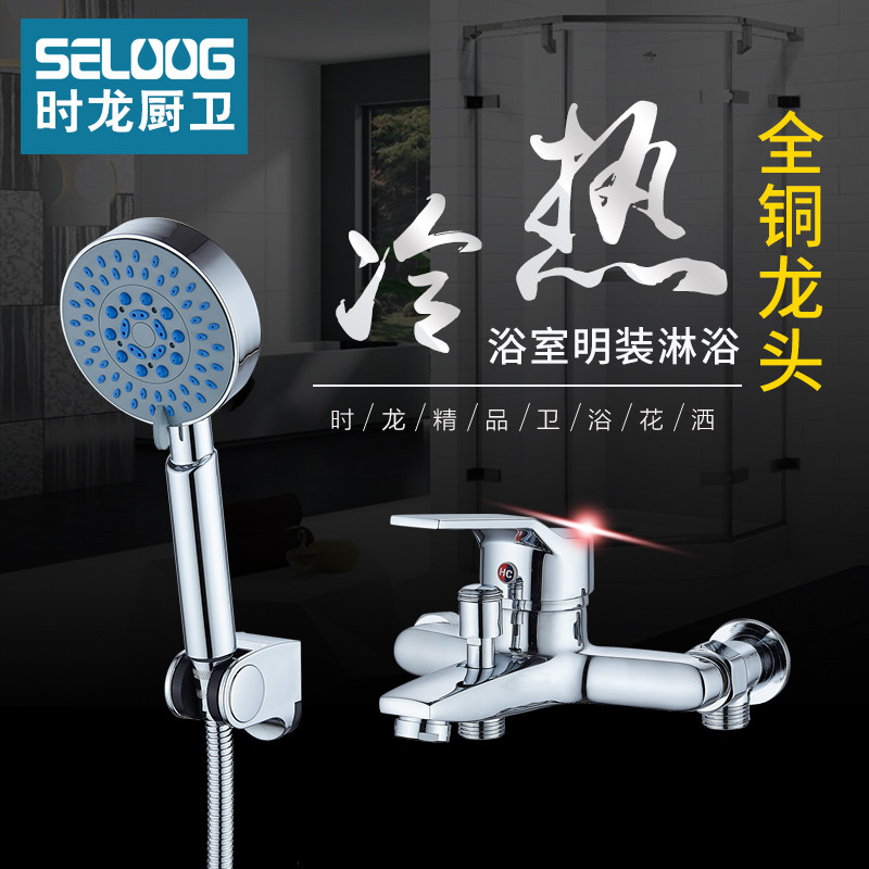 时龙全铜淋浴龙头混水阀明装淋浴花洒套装浴室家用洗澡喷头
