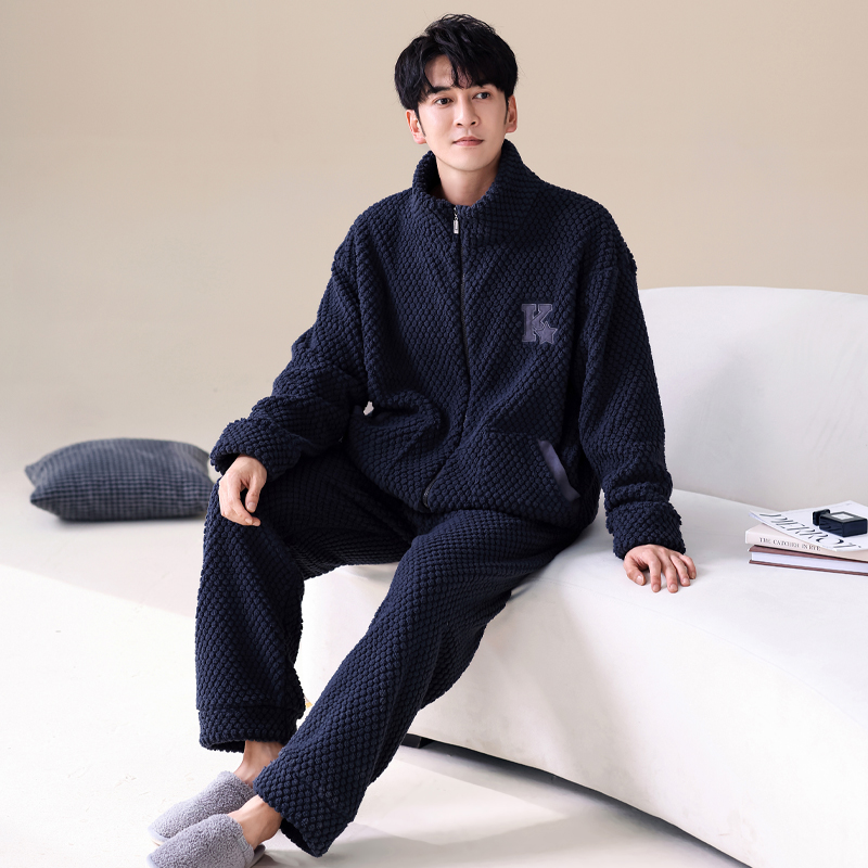 纤丝鸟男士开衫拉链保暖睡衣套装
