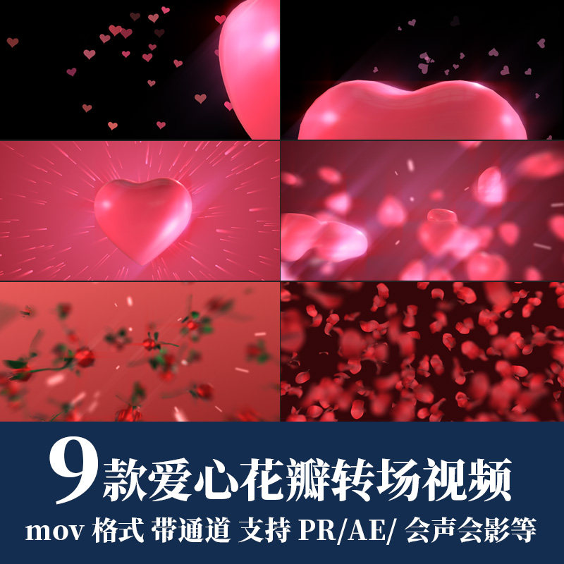 pr/ae视频素材心形爱心玫瑰花瓣遮罩过渡转场动画mov透明通道fcpx