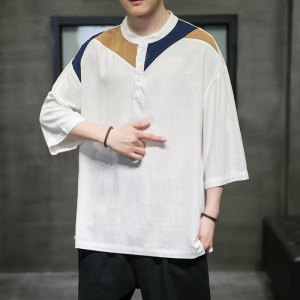 2021夏季风拼色棉麻七分袖T恤男4003-NB13图片