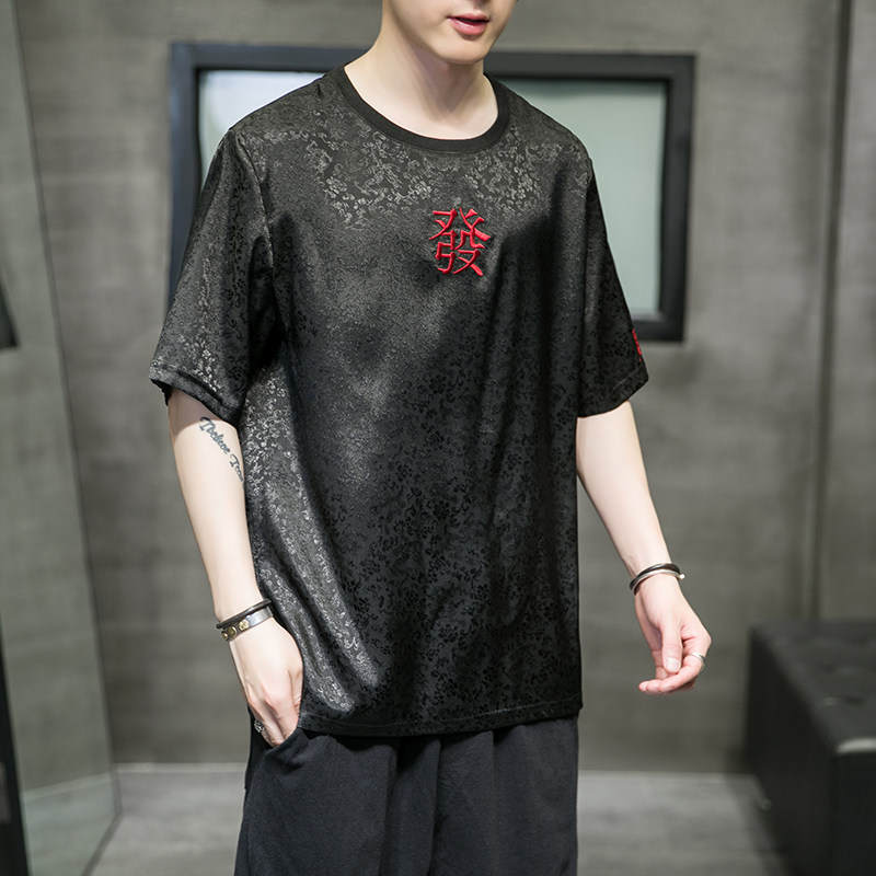 2021夏季风冰丝发财刺绣五分袖T恤男潮QT4003-NB31,男装T恤,星座815（原A203）