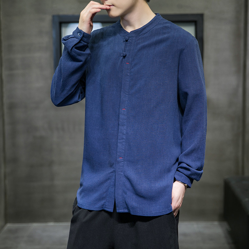 2021风秋冬新款男棉麻纯色暗门襟长袖休闲衬衣QT4003-NB33,男装衬衫,星座815（原A203）