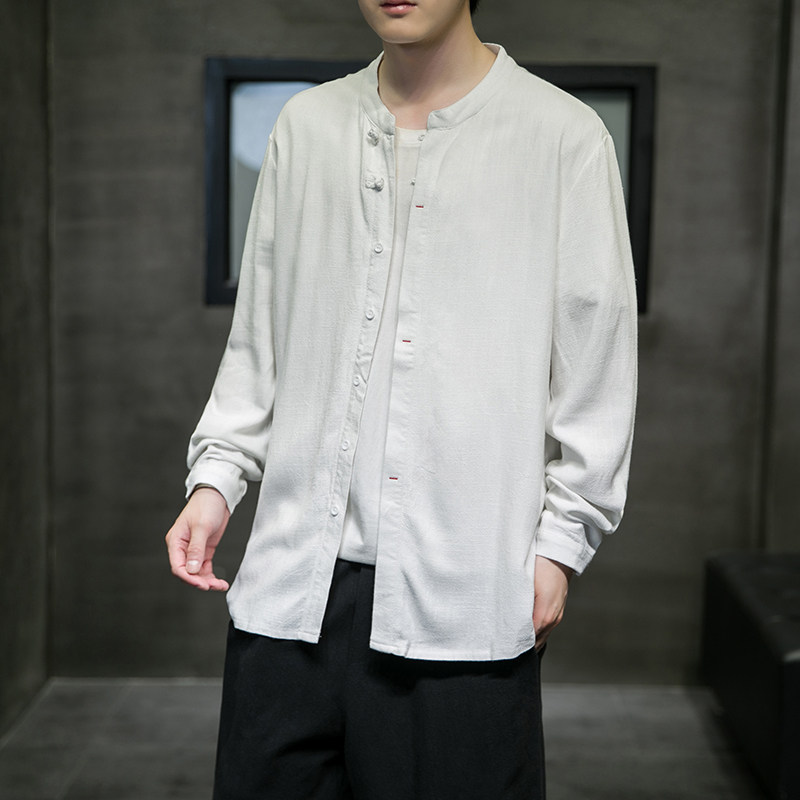 2021中国风秋冬新款男棉麻纯色暗门襟长袖休闲衬衣QT4003-NB33p65,男装衬衫,星座815（原A203）
