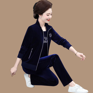 中老年妈妈秋装金丝绒运动服休闲外套女中年50岁减龄上衣三件套装