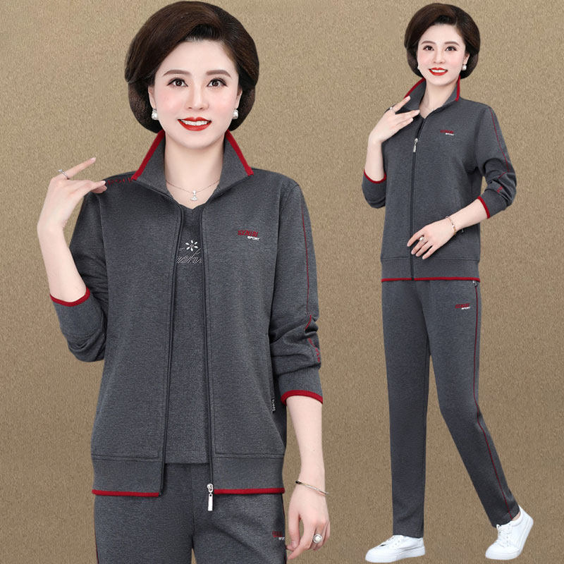 中老年妈妈秋季运动服休闲外套女宽松中年奶奶50岁60卫衣三件套装