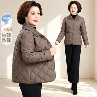 2026秋冬季短款棉服女中老年妈妈菱格纹轻薄棉衣外套保暖运动棉袄