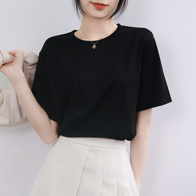 小清新圆领落肩袖纯棉宽松黑色t恤女短袖学生夏季半袖上衣显瘦潮