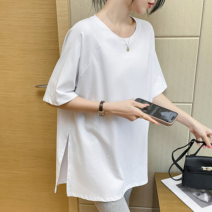 纯棉侧开开叉五分袖宽松大码中长款t恤女夏季遮肚子白色半袖上衣