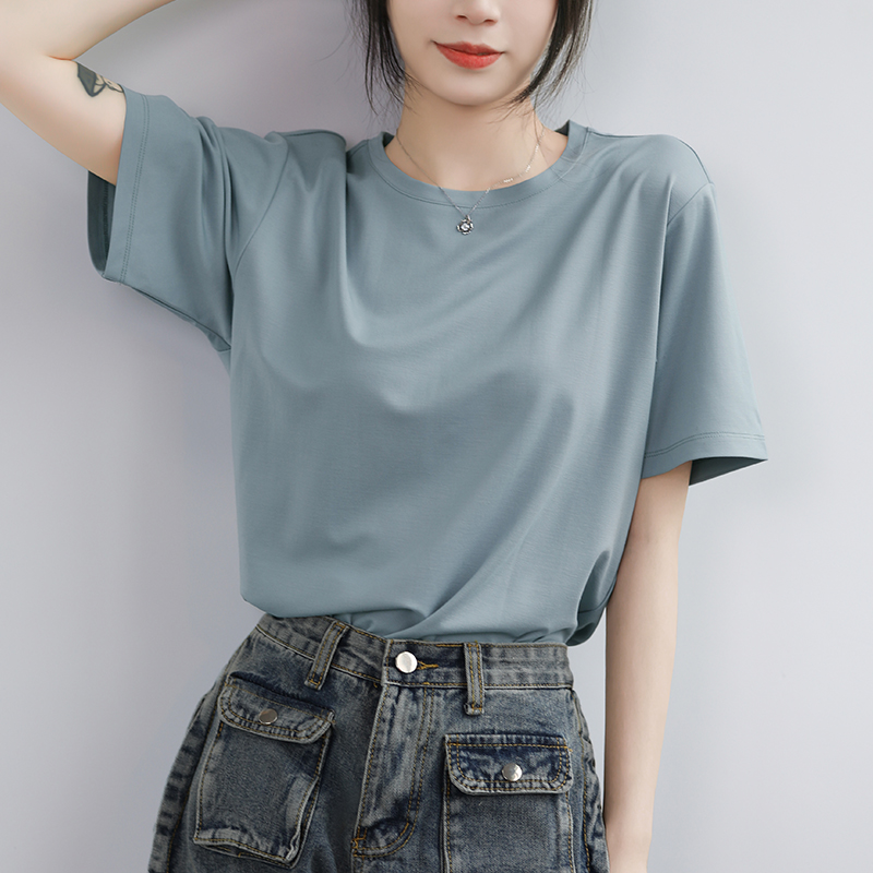 蓝色宽松韩版正肩圆领纯棉短袖t恤女夏季2025新款小个子半袖上衣