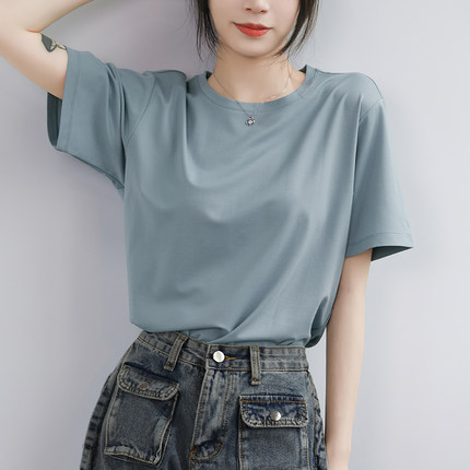 蓝色落肩中袖宽松韩版圆领纯棉短袖t恤女2026新款半袖胖m夏季上衣