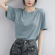 胖m夏季 蓝色落肩中袖 上衣 t恤女2026新款 半袖 宽松韩版 圆领纯棉短袖