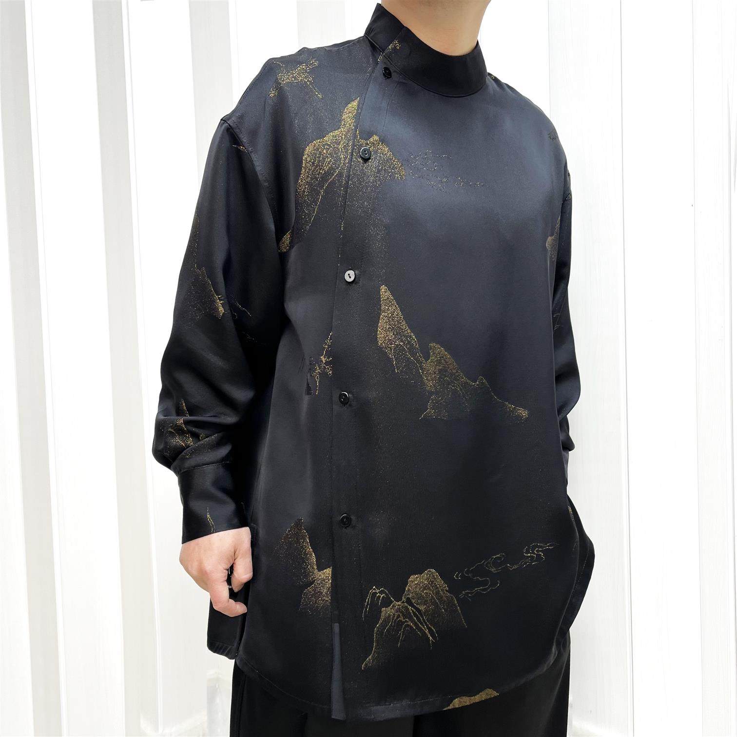 正娟长袖上衣时尚不起球春季男装长款中国风常规立领衬衫2503