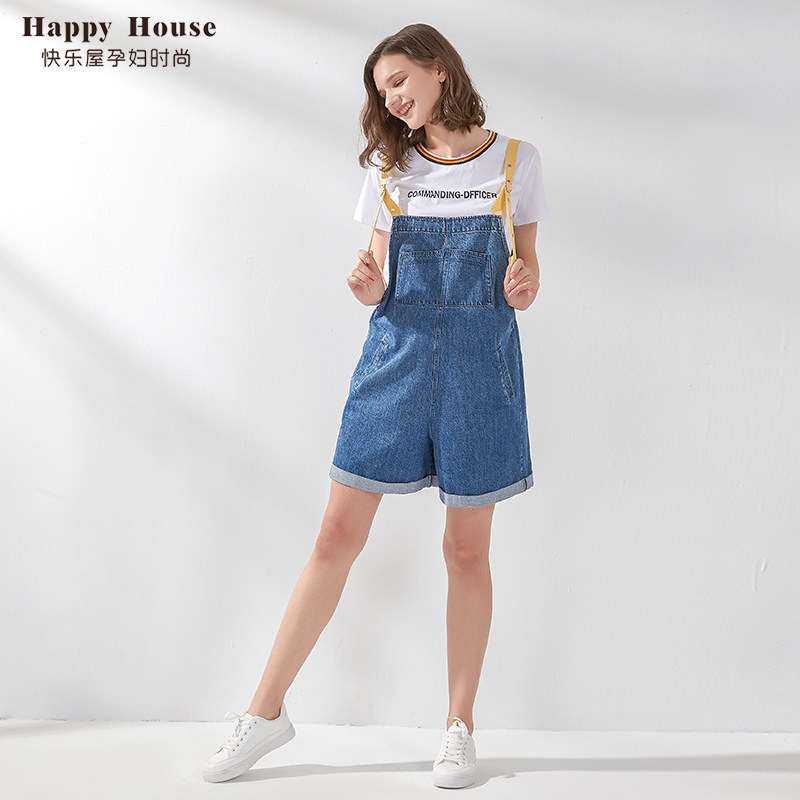 快乐屋孕妇背带裤夏款2026新款孕妇牛仔短裤卷边撞色时尚阔腿裤夏