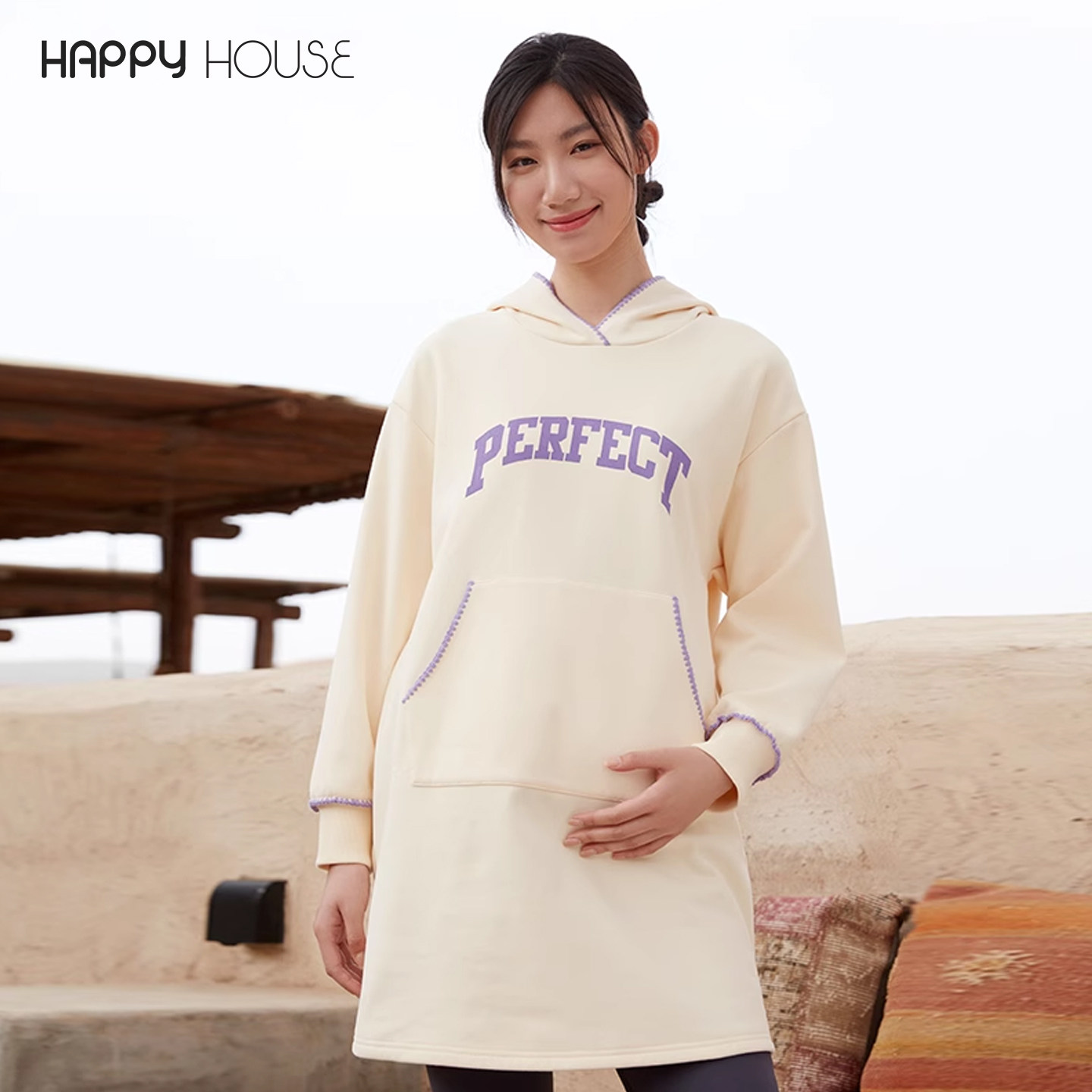 快乐屋连帽宽松孕妇裙冬装加绒卫衣2026新款中长款上衣孕妇外套冬