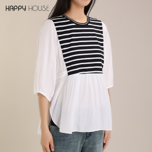 娃娃衫 快乐屋孕妇上衣减龄条纹五分袖 t恤时尚 春秋款 针织衣 孕妇装