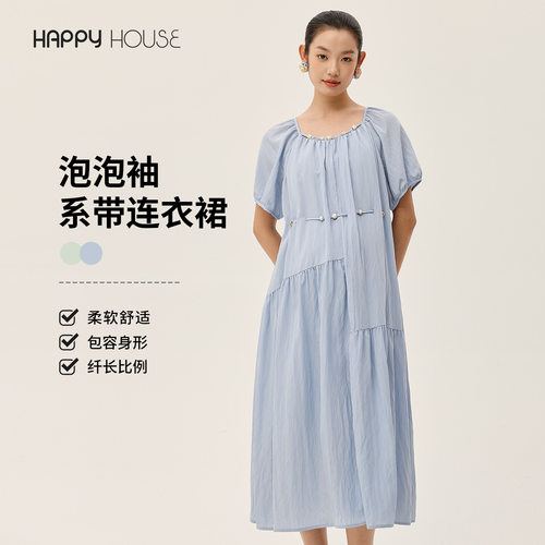 泡泡袖天丝皱系带连衣裙