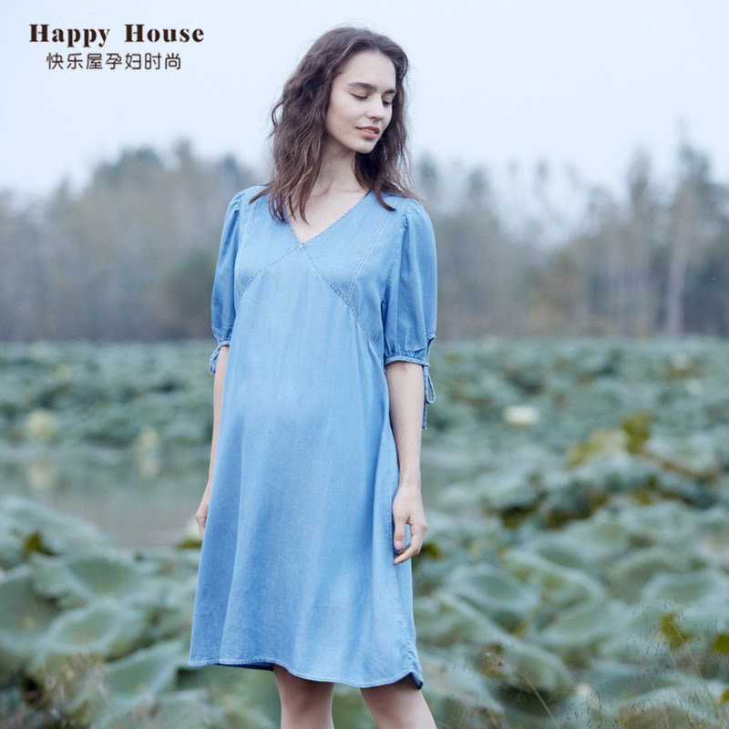 快乐屋孕妇天丝牛仔连衣裙2023新款夏装时尚潮妈孕妇裙网红款裙子