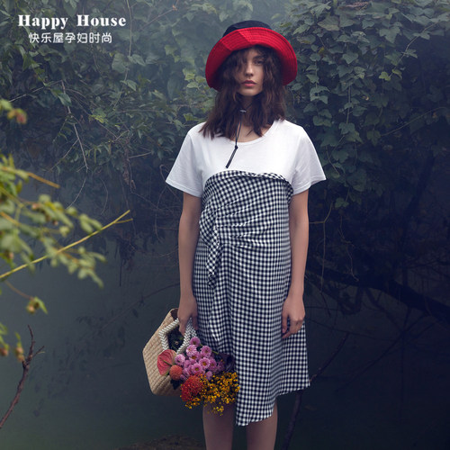 快乐屋拼接格子时尚风孕妇哺乳衣