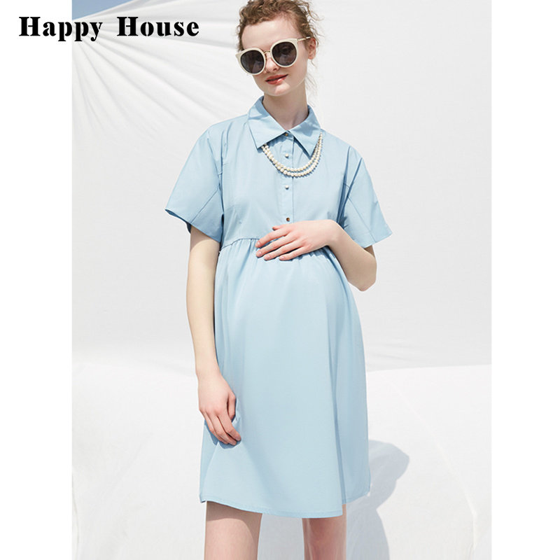 快乐屋孕妇衬衣领宽松连衣裙2023新款孕妇裙夏款通勤孕妇装潮妈