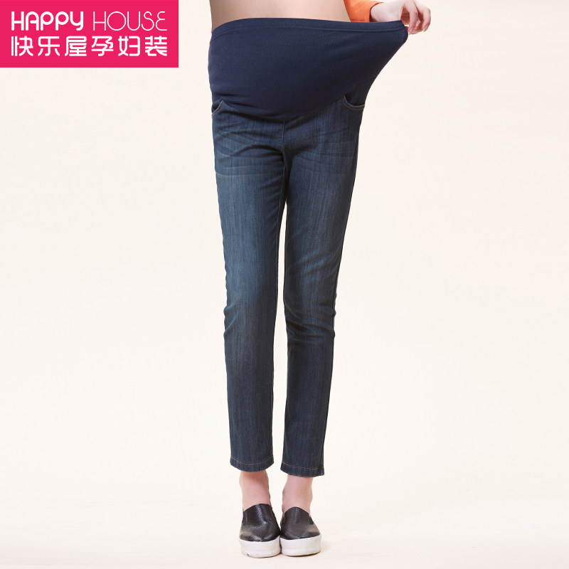 快乐屋孕妇直筒牛仔裤 秋冬欧美起绒瘦长裤保暖棉弹时尚托腹裤子