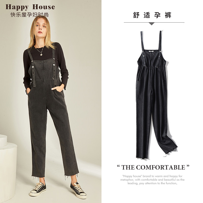 快乐屋孕妇背带裤2026新款毛边流苏牛仔裤洋气孕妇裤子外穿 潮妈
