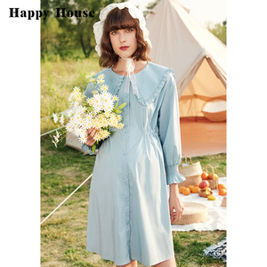 快乐屋产后哺乳连衣裙春夏款大翻领荷叶边全开襟复古风外出孕妇裙