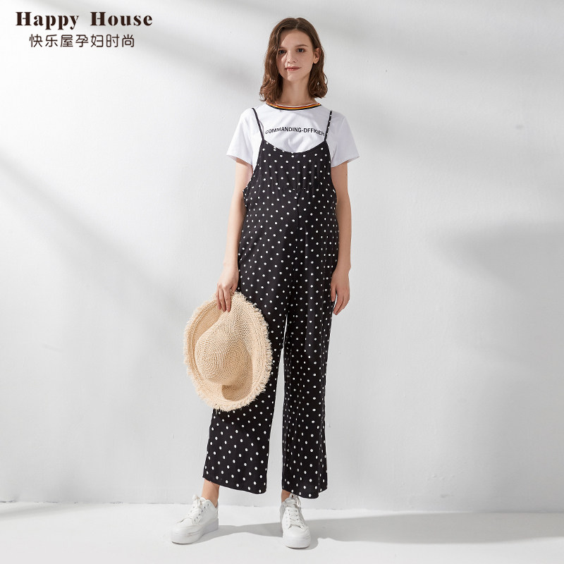 快乐屋孕妇阔腿背带裤复古波点2026新款孕妇装春夏薄款雪纺孕妇裤