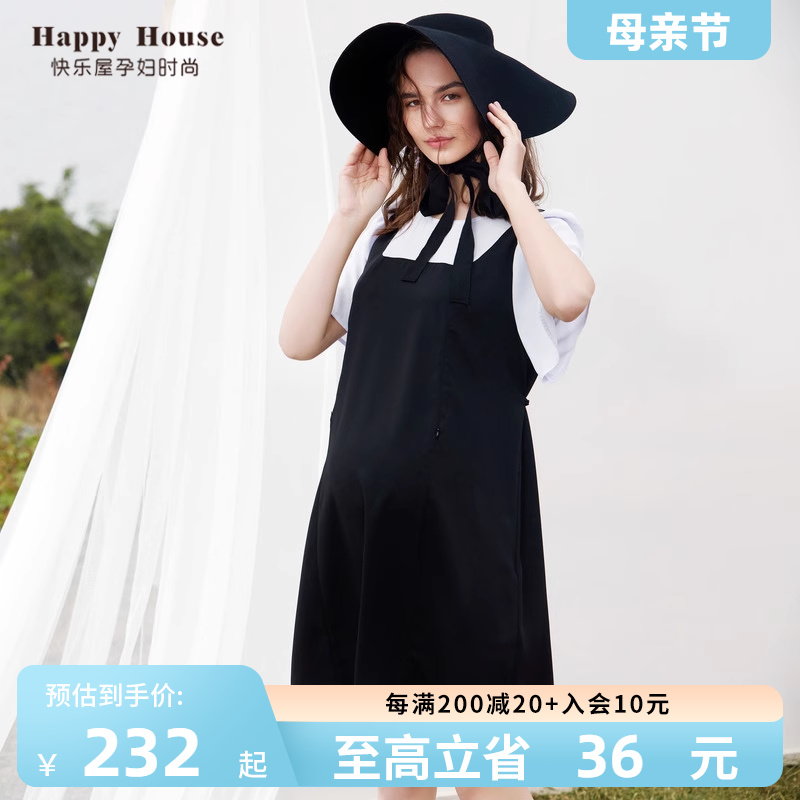 快乐屋孕妇泡泡袖双色拼接可哺乳仿两件连衣裙2024新款夏装孕妇裙