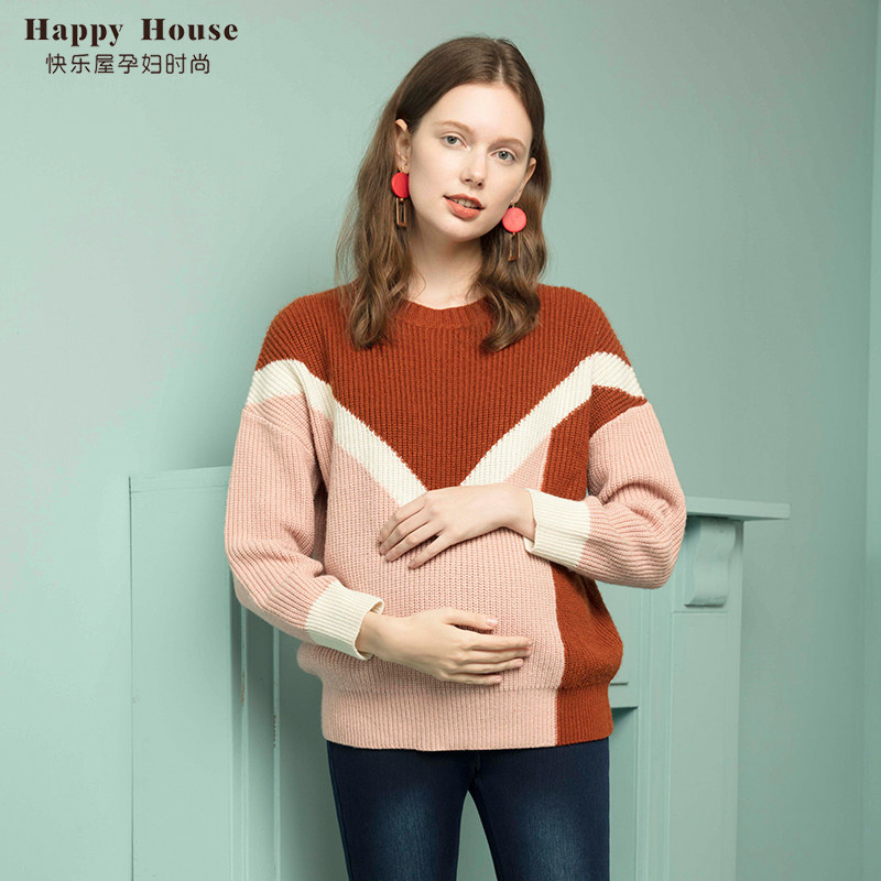 해피 하우스 출산 스웨터 2024 새로운 대비 색 울 스웨터 겨울 루즈 스타일 겨울 BOTTOMING TOP SHORT