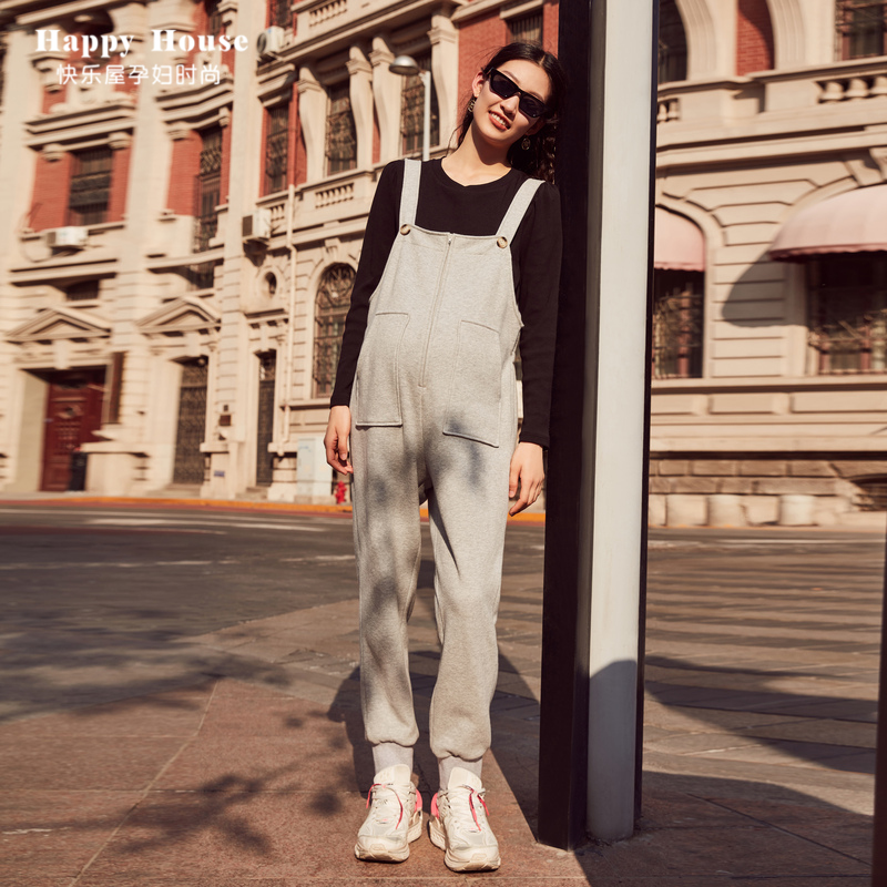 快乐屋新款法国罗纹针织背带裤