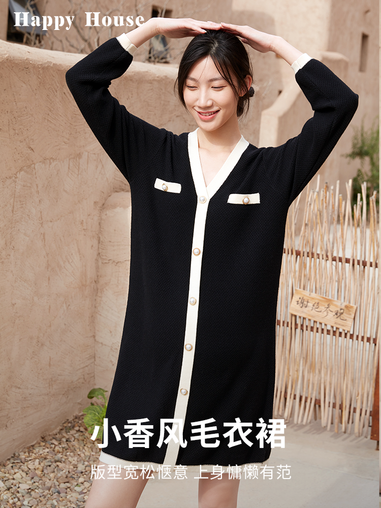 HAPPY HOUSE V-NECK SMALL FRAGRANCE MATERNITY SWEATER DRESS FASHION MATERNITY AUTUMN WINTER SWEATER MIDI DRESS TOP
