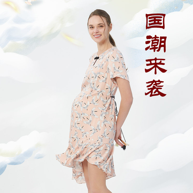 快乐屋孕妇国潮印花旗袍风可哺乳连衣裙2026新款孕妇夏装孕妇裙子